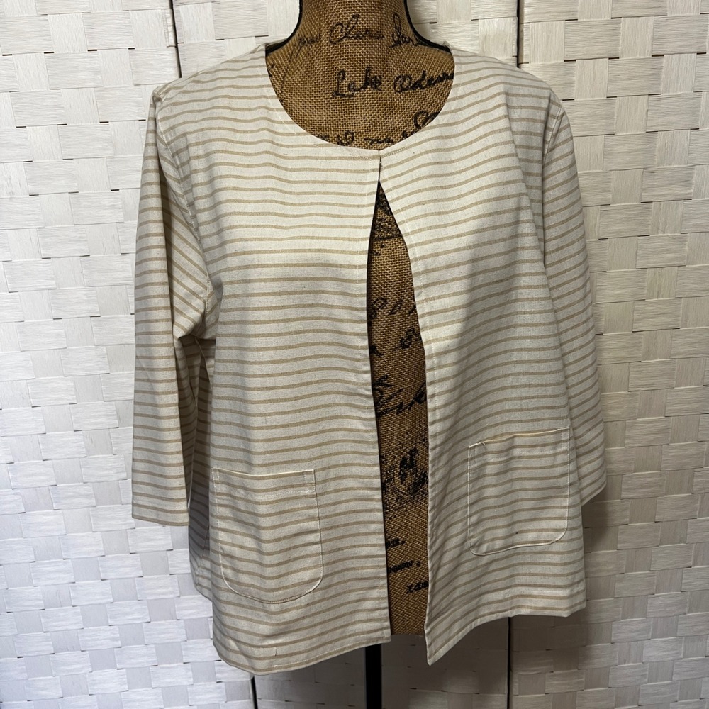 Pure Soul Neutral Tan Striped Linen Blend Jacket Open‎ Front Pockets Beige Sz XL